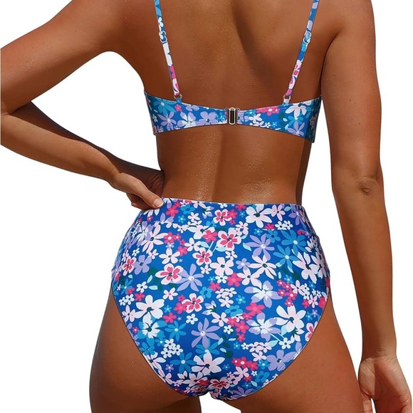 Blue and Pink Bikini Set Sporty Bandeau High-Waisted - Picture 2 of 9